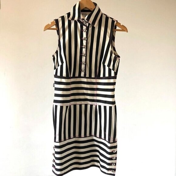 MOSCHINO JEANS BLACK WHITE STRIPED PINK STITCH BUTTON VINTAGE 1990S DRESS USA 8 - Picture 10 of 16
